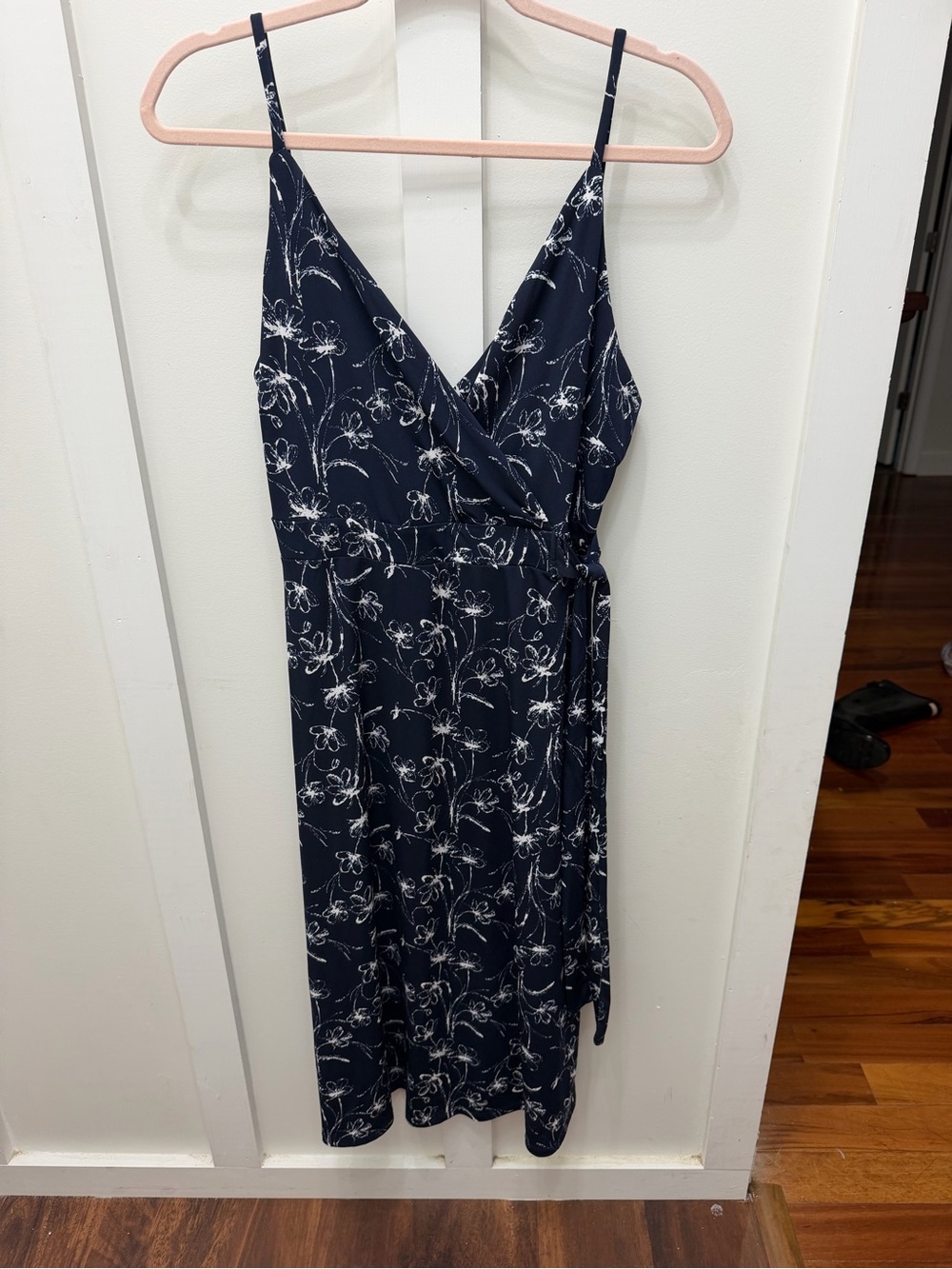 Navy Floral Faux Wrap Midi Dress - Sleeveless V-Neck